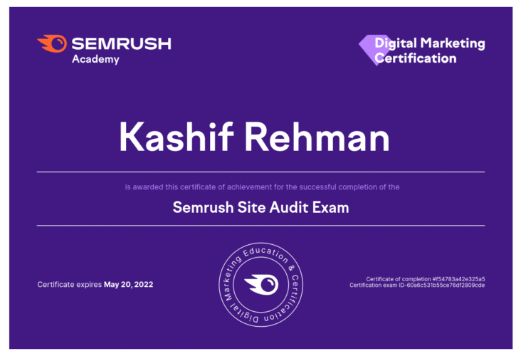 Semrush Site Audit Certificate - Kashif Rehman