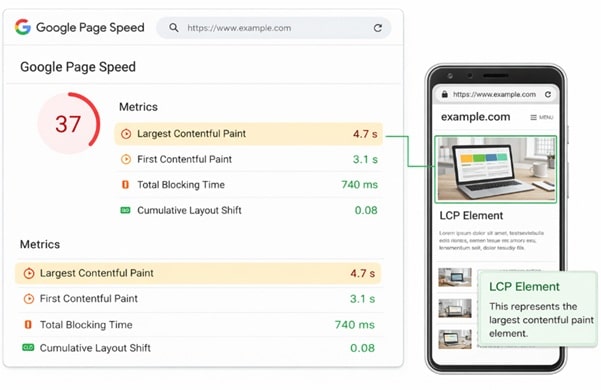 Google PageSpeed Metrics showing LCP element