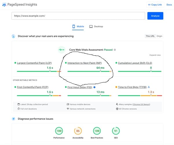 INP - Interaction to Next Paint report in PageSpeed Insights