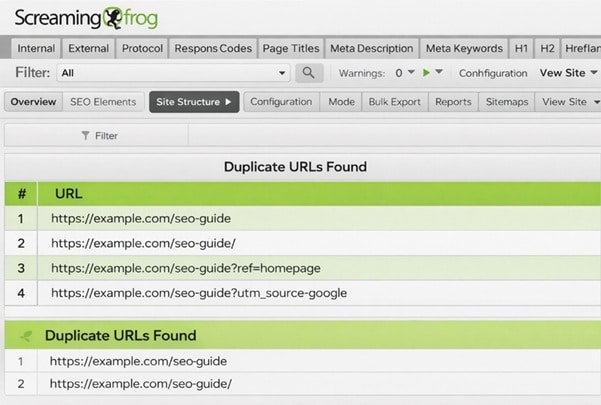 Duplicate URL detection report from Screaming Frog