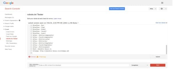 Robots.txt tester result showing allowed or blocked URLs