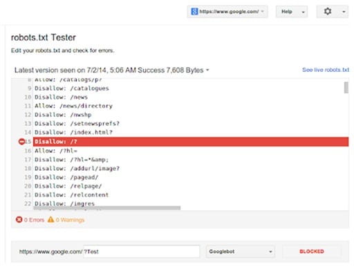 Google robots.txt tester tool in Search Console